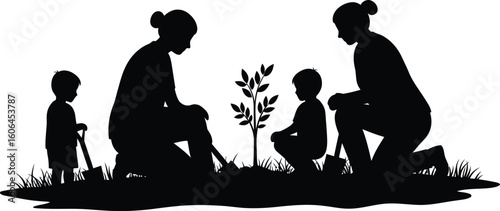 Silhouette of Family Planting a Tree Together Symbolizing Growth Sustainability and Environmental Stewardship