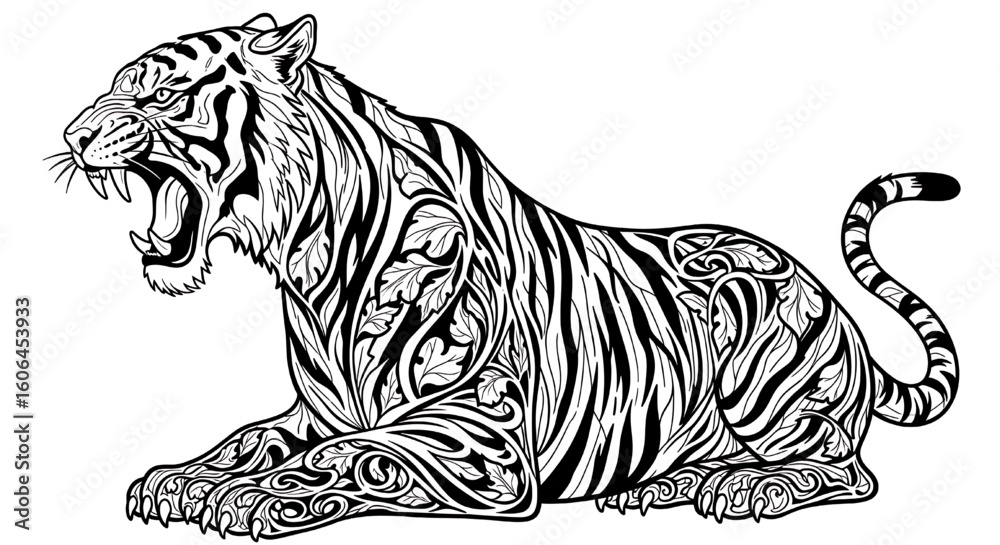 A detailed black and white illustration of a majestic tiger lying down. A detailed black and white illustration of a majestic tiger lying down.