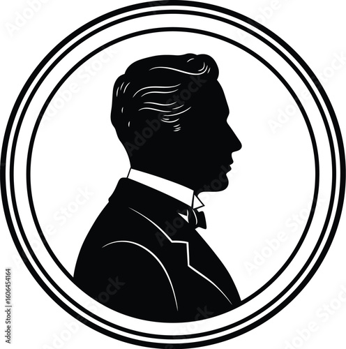 Elegant Gentleman Silhouette in Circular Frame Vintage Style Portrait in Black and White