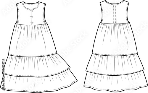 Sleeveless tiered maxi dress for girls with front button placket and gathered layers, flat fashion technical cad sketch