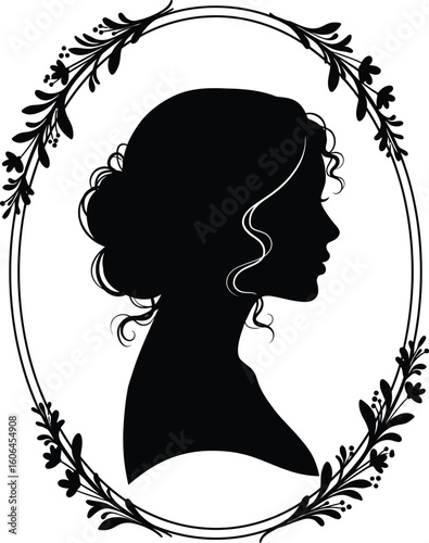 Elegant Woman Silhouette in Floral Frame Classic Portrait with Curly Hair and Delicate Details