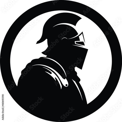 Silhouette of a Medieval Knight in Armor within a Circle Black and White Design