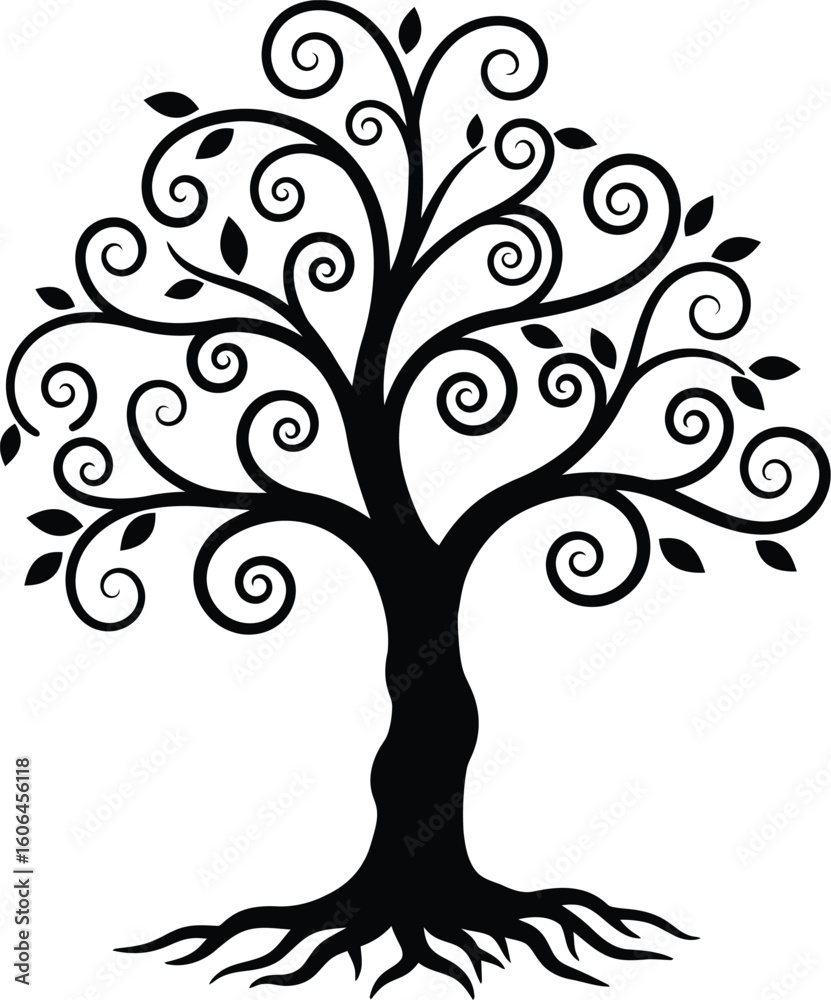 Fototapeta premium Stylized Tree Silhouette with Swirling Branches and Leaves on a White Background