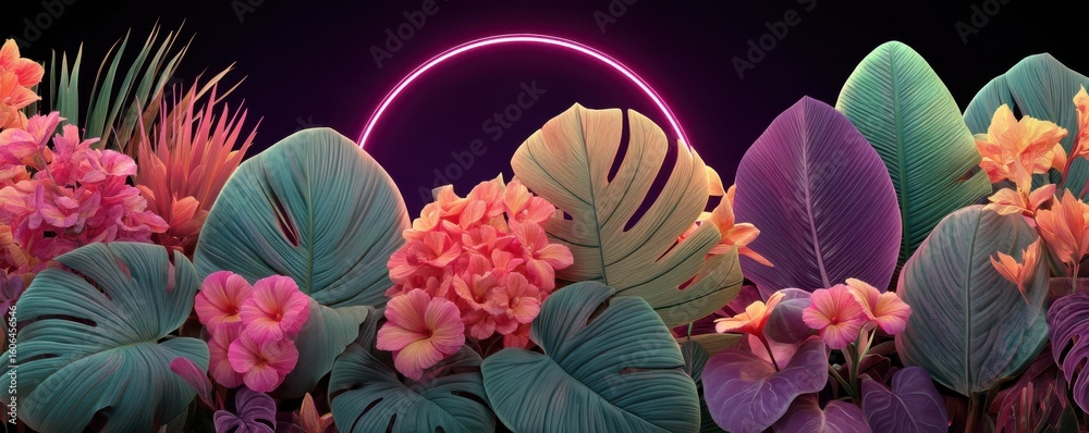 Fototapeta premium Tropical foliage and neon light creating a vibrant and colorful scene