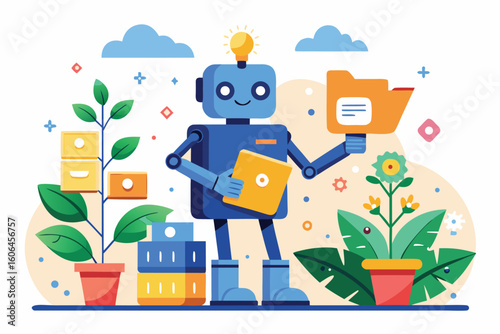Robot with artificial intelligence finishes watering plants in a colorful indoor garden setting during daylight hours