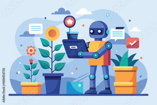 Robot with artificial intelligence finishes watering plants and monitoring their health in a modern indoor garden setting