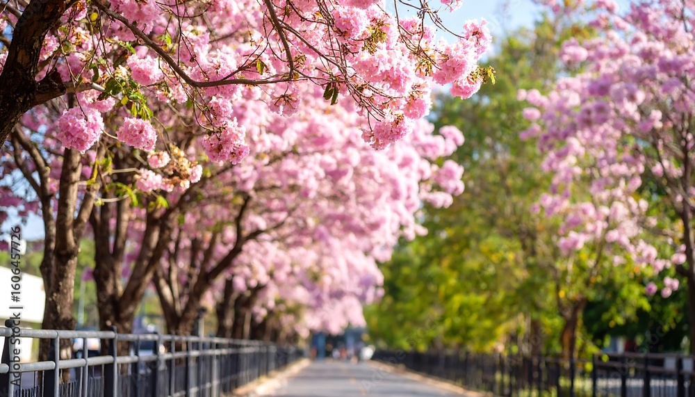 Naklejka premium Breathtaking blossom avenue with pink trumpet trees creating a romantic scenery
