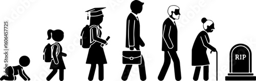 Life stages progression illustration from infancy to old age and death in black and white silhouette style
