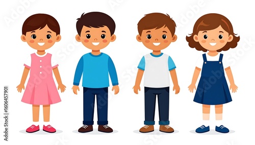 Cartoon Illustration of Four Young Children Standing Side by Side Smiling happily