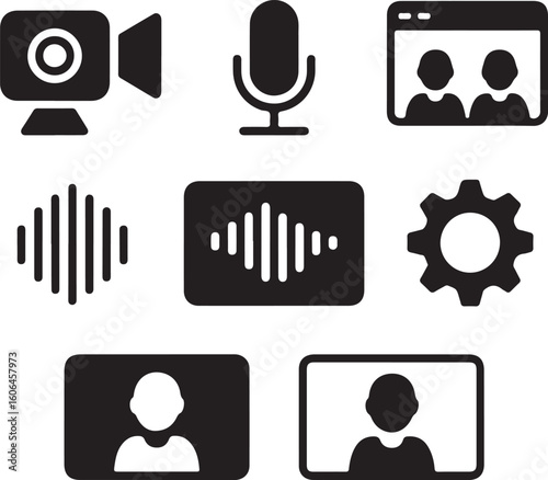 Remote Collaboration Solid AV Icons — Webcam, Audio Test, Screen Sharing, Mute Button, and User Video Call Tools