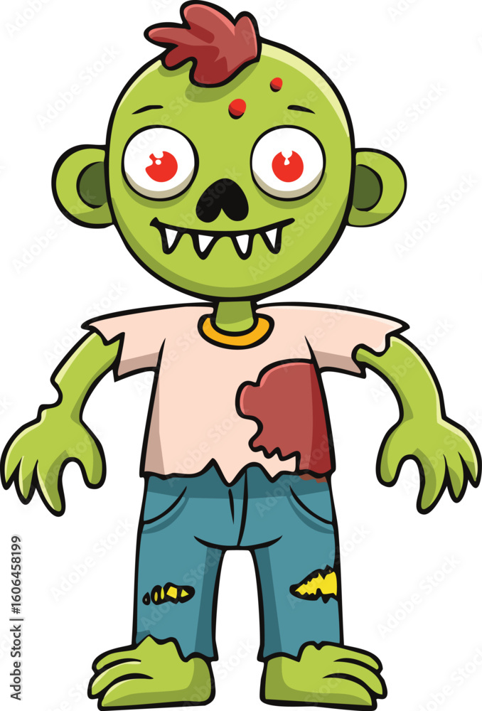 Obraz premium Cartoon illustration of a green zombie character with tattered clothes and red eyes.
