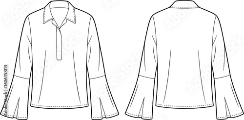 Women’s long sleeve blouse with flared cuffs and collar, front and back flat sketch, fashion technical cad vector illustration