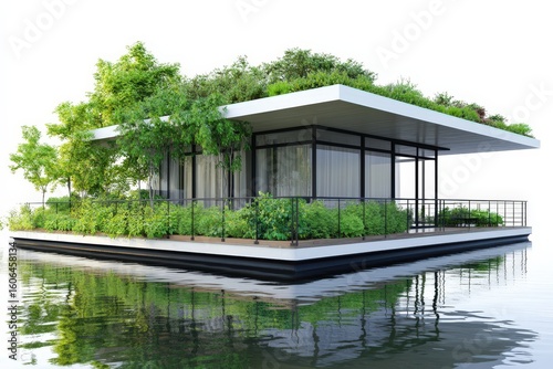 Modern floating house with green roof and lush garden reflecting in water