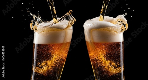 Wallpaper Mural Two glasses of golden beer are being poured, creating a frothy splash against a dark background Torontodigital.ca