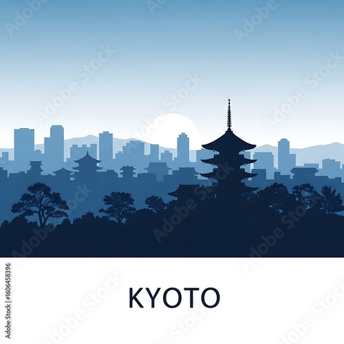 Silhouette illustration of kyoto city skyline at sunrise.