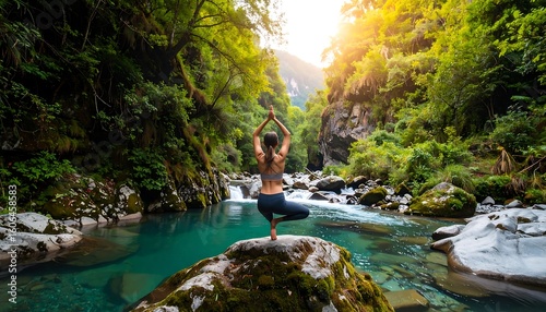 Woman in yoga pose by a tranquil river