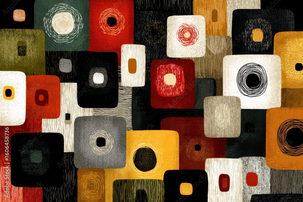 Fototapeta premium Mid-Century Modern Abstract Pattern Featuring Geometric Shapes in Warm Earth Tones