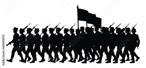 Silhouette of a Military Parade with Soldiers Marching in Formation Holding Rifles and a Flag Showing Unity and Strength