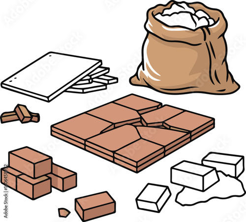 Building Site Waste Line Icons — Broken Tile, Rubble Sack, Drywall Sheet, Scrap Bin, and Construction Leftovers