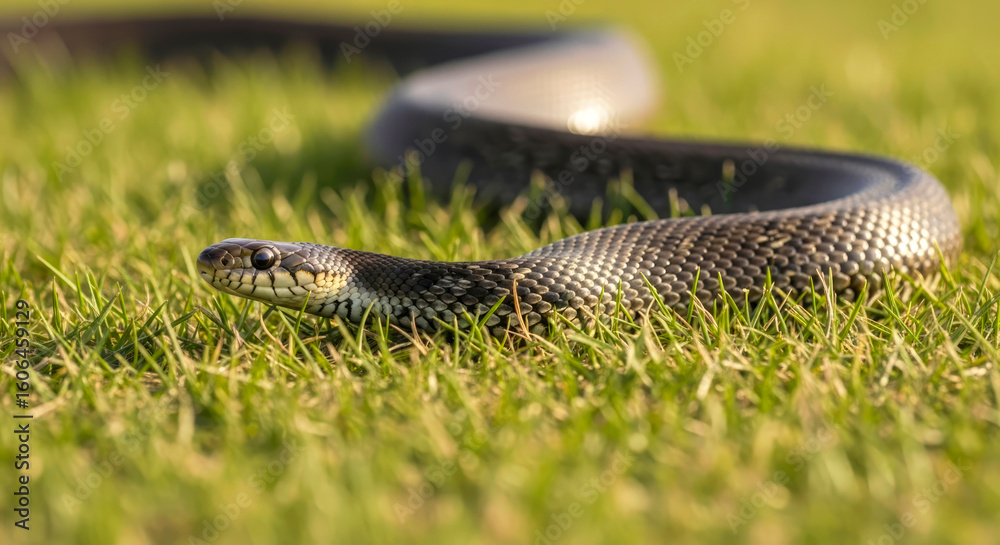 Fototapeta premium black racer snake in green grass