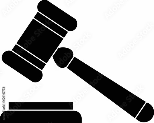 Black silhouette of a judge s gavel and sounding block isolated on white background