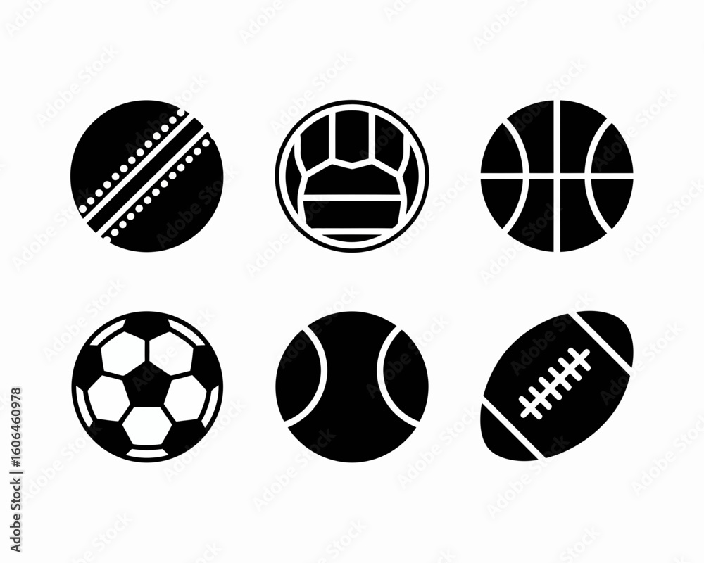 Fototapeta premium Collection of six different sports balls in silhouette isolated on white background