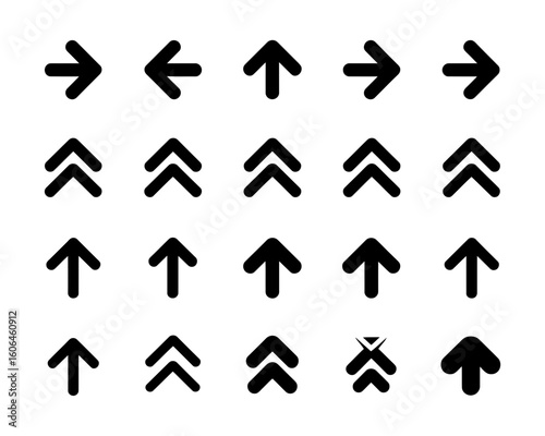 Collection of black arrow icons and double up arrows silhouette isolated on white background