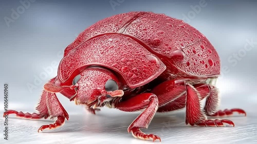 Macro closeup of a red beetle, an insect on a wooden table, showcasing its isolated detail in nature