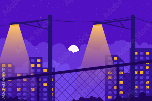 A calm urban night scene with bright streetlights illuminating buildings under the moonlit sky.