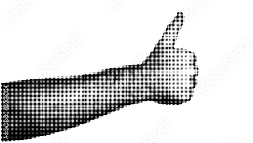 Male hand showing a thumbs up gesture. Pop art comic book style, retro screen printing and dotwork. Vector collage element for mixed media design, expressing positivity, agreement or success