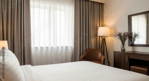 A luxurious hotel bedroom features a comfortable bed, a stylish armchair, and elegant curtains