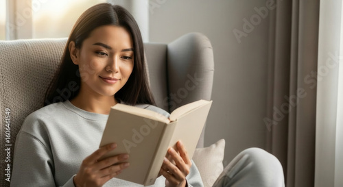 Young Person In Gray Sweater Reading Book In Comfortable Chair