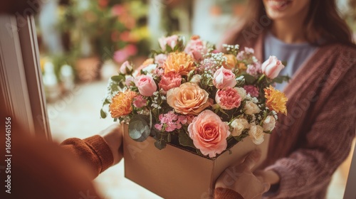 Joyful Woman Welcoming a Stunning Flower Bouquet at Home from Delivery Person - Celebrating Special Occasions