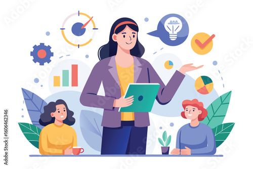 Strategic vision presentation by a female leader with two engaged participants discussing innovative ideas and performance metrics