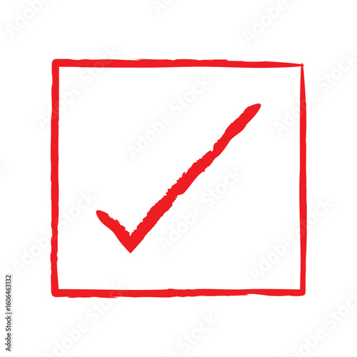 Red brush stroke forming check mark on white background.  signaling successful validation and positive confirmation.