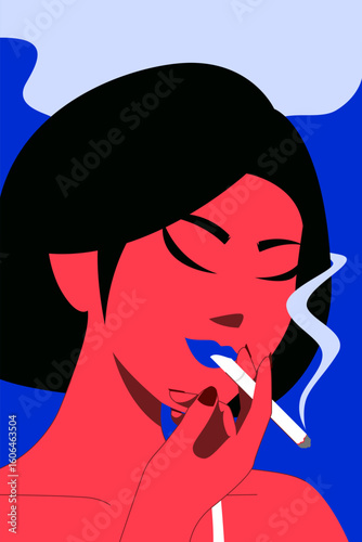 A woman with red-toned skin smokes a cigarette, her eyes closed while smoke curls upward.