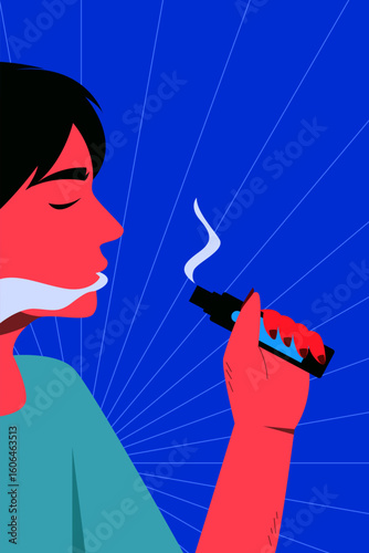 A young person vaping calmly, with smoke and radial lines highlighting the background.