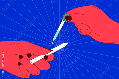 A hand drips liquid onto a cigarette, hinting at dangerous substance use.