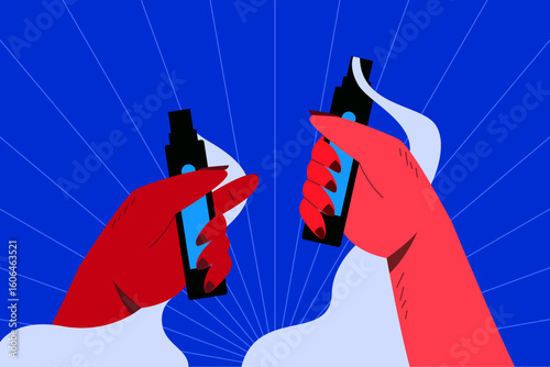 Two hands holding vape pens with smoke rising in a mirrored, dynamic composition.