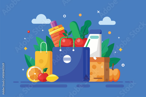 Colorful graphic of a bag filled with fresh groceries and food items against a vibrant blue background