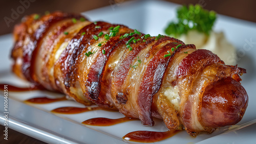 Savory bacon wrapped hot dog, grilled to perfection and crispy