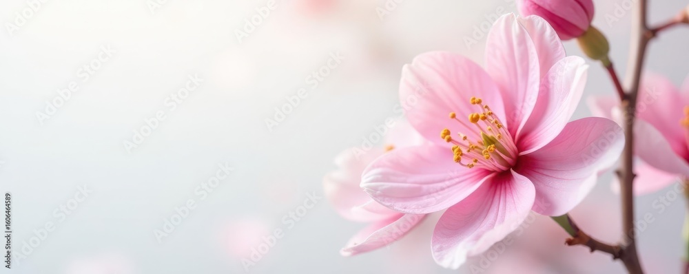 Fototapeta premium Delicate pink blossom, pristine white backdrop Elegant floral detail , romantic, card, floral