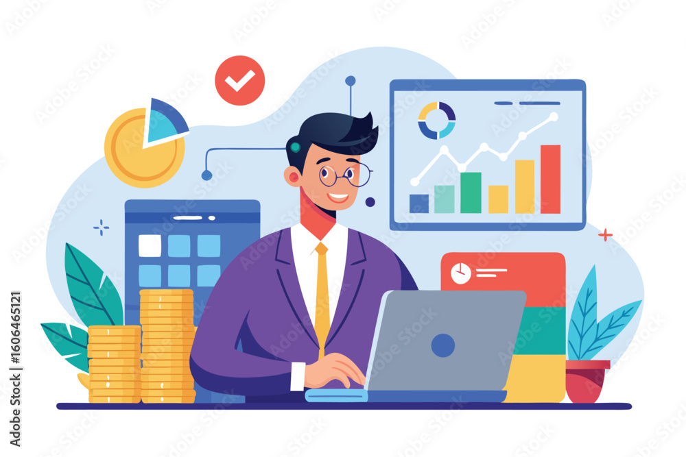 Fototapeta premium Planning a financial budget in a modern flat with graphs, charts, and tools for effective money management and analysis