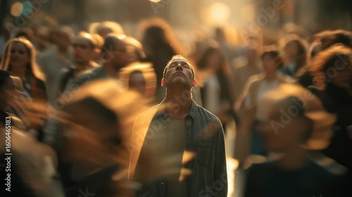 Man Standing Still in Busy City Crowd of Rushing People