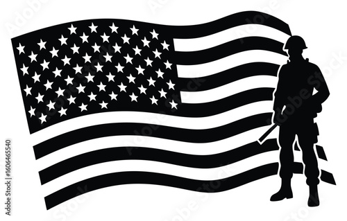 Silhouette of a Soldier Standing Firmly in Front of Waving American Flag Representing Patriotism and National Pride