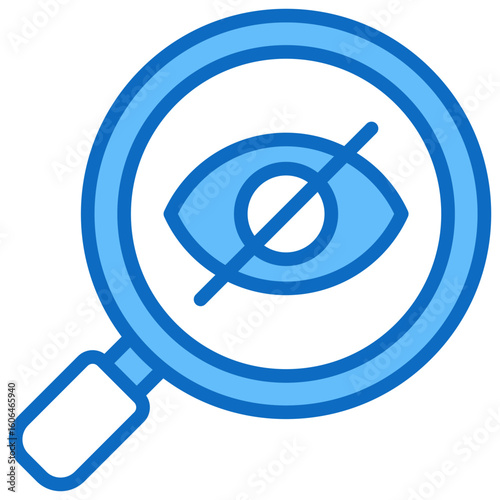 Privacy Breach Blue Fill Outline Vector Icon Design - Crossed eye under magnifying glass, representing privacy breach, surveillance, or hidden data exposure