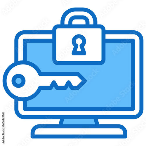 Secure Access Blue Fill Outline Vector Icon Design - Computer screen with padlock and key, symbolizing login security, access permission, or encryption