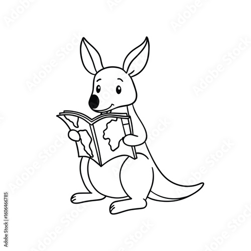 Cute kangaroo doodle gazing at a travel map