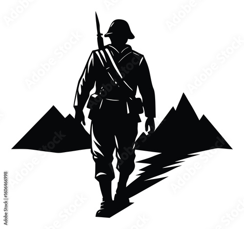 Silhouette of a Soldier Walking Towards Mountains Symbolizing War Remembrance and Memorial Day