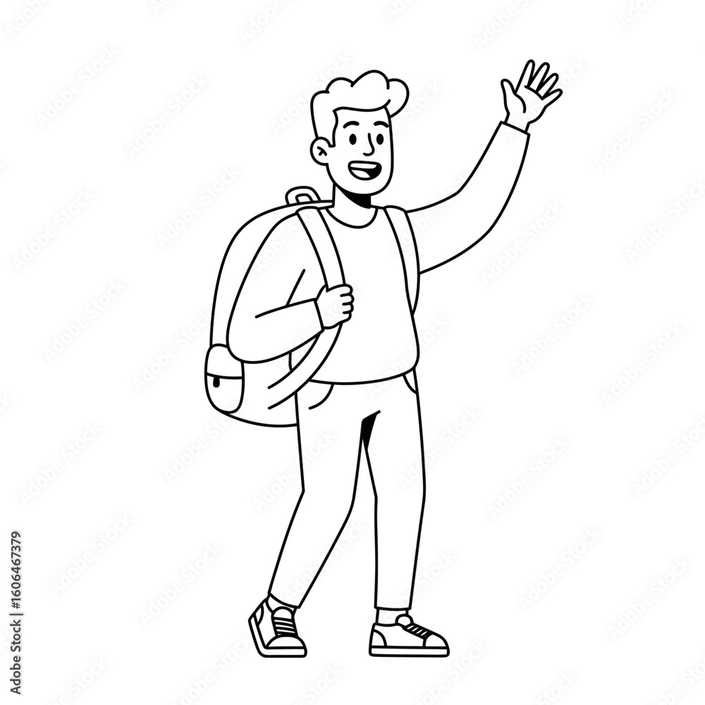 Obraz premium Smiling Cartoon Man with Backpack Waving Hand in Greeting.